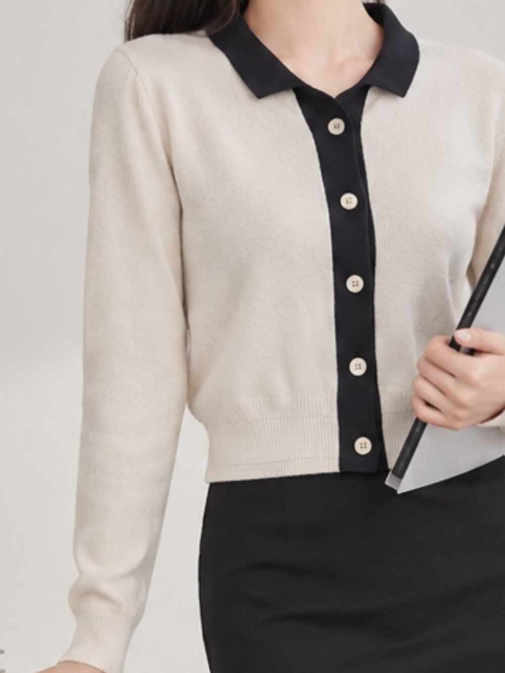 Dazy Ivory Black Collared Cardigan Top Junior XL
